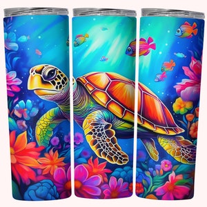 Colorful Turtle Tumbler Wrap, 20oz Skinny Tumbler Wrap Sublimation PNG, Instant Download, Straight & Tapered Tumbler Wra, Sea Turtle PNG
