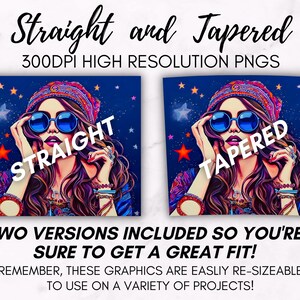 May include: Two digital illustrations of a woman with long, wavy hair wearing a colorful headband and sunglasses. The woman is shown with a straight hairstyle in one image and a tapered hairstyle in the other. The text "STRAIGHT" and "TAPERED" is superimposed on each image.