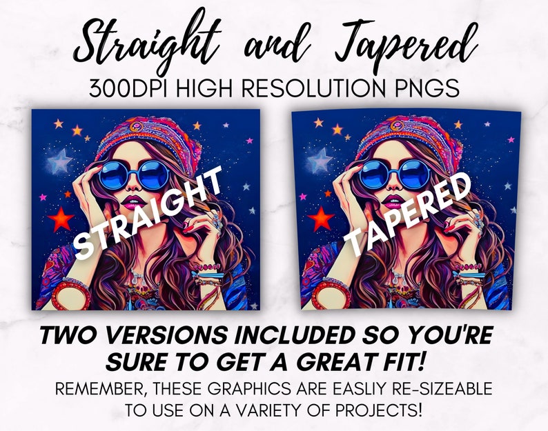 May include: Two digital illustrations of a woman with long, wavy hair wearing a colorful headband and sunglasses. The woman is shown with a straight hairstyle in one image and a tapered hairstyle in the other. The text "STRAIGHT" and "TAPERED" is superimposed on each image.