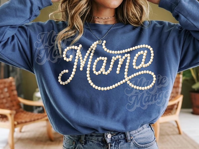 The word "Mama" rendered in an elegant cursive script. The letters are composed entirely of a continuous string of small, luminous off-white pearls, creating a delicate, three-dimensional textured effect