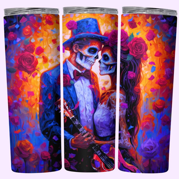 Day Of The Dead Couple Tumbler Wrap, 20oz Skinny Tumbler Wrap Sublimation PNG, Download, Dia De Los Muertos Catrina Halloween Tumbler PNG