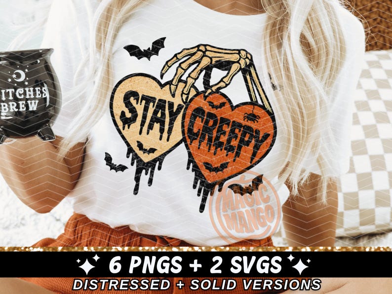digital design sublimation png or cut file svg. the funny halloween image is two hearts being held by a skeleton hand and the words stay creepy