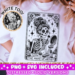 Visagist tarotkaart SVG PNG, MUA skelet sublimatie ontwerp, meisje schedel tarotkaart T-shirt png svg bestand knippen, instant digitale download