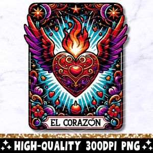 El Corazón Tarot Karte PNG, Brennendes Herz Flügel Sublimationsdesign, Spanisch Mexikanisches Heiliges Herz Latein T-Shirt Becher Loteria PNG, Herunterladen