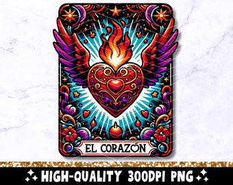 Carta dei Tarocchi El Corazón PNG, Design a sublimazione delle ali del cuore in fiamme, T-shirt latina spagnola messicana del Sacro Cuore Tazza Loteria PNG, Download