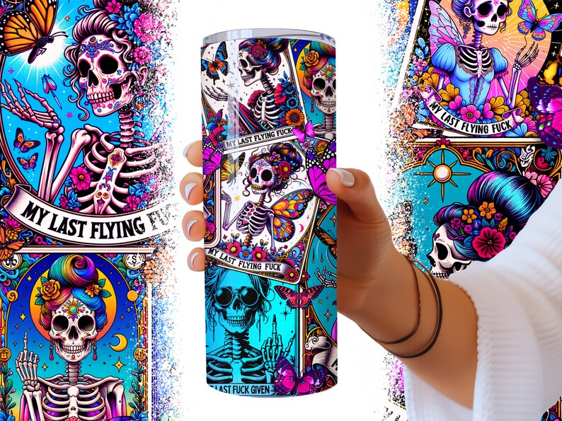Sarcastic Tarot Cards Tumbler Wrap, Sweary Witchy Skeleton 20oz Skinny Straight Tumbler Wrap Sublimation Design, Funny Tumbler PNG Download image 4