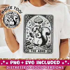 De ADHD grappige tarotkaart SVG PNG, neurodivergent sublimatie ontwerp, eekhoorn trendy T-shirt mok toevoegen png Svg-bestand knippen, digitale download
