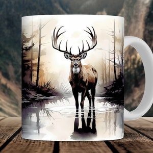 Wilderness Deer Hunting Mug Wrap, 11oz and 15oz Mug Sublimation Design, Buck Deer Hunter Woods Men's Mug PNG For Him, Digital Download