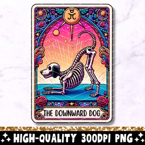 Carte de tarot drôle chien vers le bas PNG, Yoga squelette Sublimation Design, Witchy Vibes chien Yoga amoureux T-Shirt tasse fichier PNG, téléchargement numérique