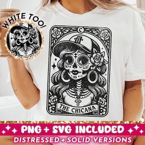 Die Chicana Tarot Karte SVG PNG, Latein Skelett Sublimationsdesign, Spanisch Chola Chingona Schädel T-Shirt Becher Png SVG Schnittdatei, Download
