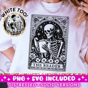 Der Leser Tarot Karte SVG PNG, Skelett lesen Sublimationsdesign, Booktrovert Witchy Schädel Buchliebhaber Bibliothekarin PNG SVG Schnittdatei, Download