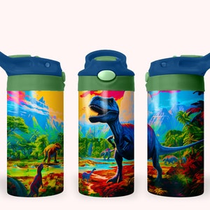 Dinosaurs 12oz Kids Flip Top Sippy Cup Tumbler Wrap, 12oz Straight Tumbler Sublimation PNG, Childrens Dinosaur Tumbler Wrap Design PNG