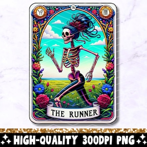 The Runner Tarot Card PNG, Diseño de sublimación de esqueleto corriendo, Divertido maratón Runner Skull Tarot Camiseta Taza Archivo PNG, Descarga digital