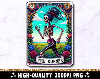 Può includere: Un'illustrazione di carta dei tarocchi con uno scheletro che corre con un bordo floreale colorato. La carta è intitolata "The Runner".