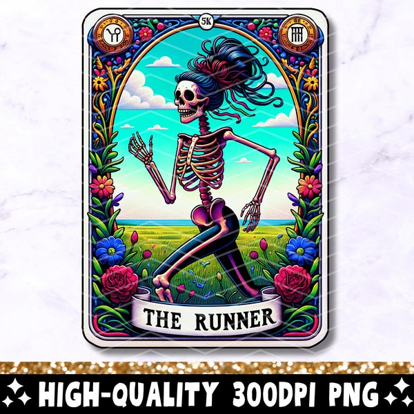 The Runner Tarot Card PNG, Running Skeleton Sublimation Design, Funny Marathon Runner Skull Tarot T-shirt Mug PNG File, Digital Download