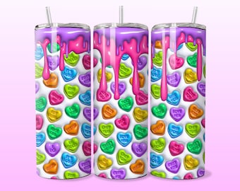 3D Valentine's Day Inflated Tumbler Wrap, Puffy Heart Conversation Candy 20oz Skinny Tumbler Sublimation Design PNG, Digital Download