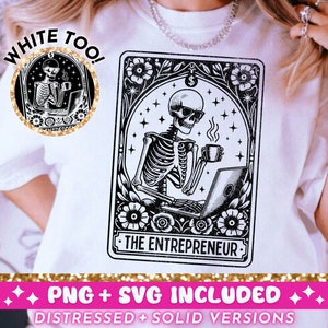 Der Unternehmer Tarot Karte SVG PNG, Skelett Sublimationsdesign, Witchy Vibes T-Shirt Design, lustiger Geschäftsinhaber SVG PNG Datei, Download