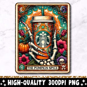 Carta de Tarô de Especiarias de Abóbora PNG, Design de Sublimação de Esqueleto de Café Outono Outono, Tarot Trendy Skull Cool T-Shirt Mug PNG Download Digital