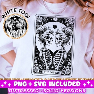 Mulheres The Lovers Tarot Card SVG PNG, Skeleton Love Sublimation Design, LGBTQ Witchy Lovers Skulls Tarot T-Shirt svg png Cut File Download