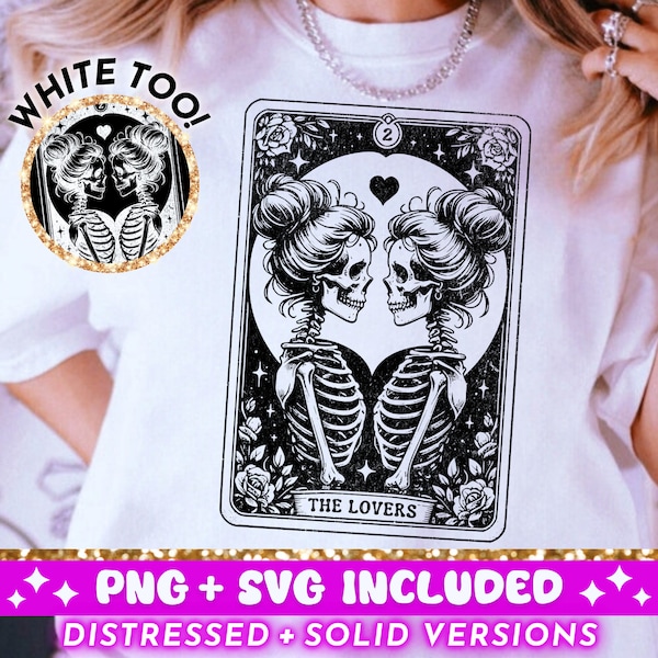 Women The Lovers Tarot Card SVG PNG, Skeleton Love Sublimation Design, LGBTQ Witchy Lovers Skulls Tarot T-Shirt svg png Cut File Download