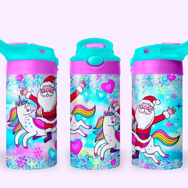 Santa Unicorn Christmas 12oz Kids Flip Top Sippy Cup Tumbler Wrap, 12oz Straight Tumbler Sublimation PNG, Childrens Holiday Tumbler Design