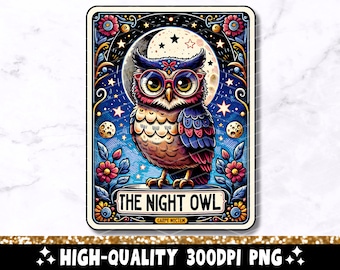 Op de afbeelding: Een vintage-stijl illustratie van een uil met grote, ronde brillen, die op een tak zit met sterren en een halve maan op de achtergrond. De tekst "The Night Owl" is geschreven in een decoratief lettertype onder de uil, met de Latijnse zin "Carpe Noctem" eronder.