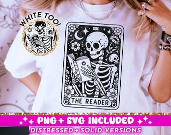 The Reader Tarot Card SVG PNG, Skeleton Reading Sublimation Design, Booktrovert Witchy Book Lover Skull Librarian png SVG Cut File, Download