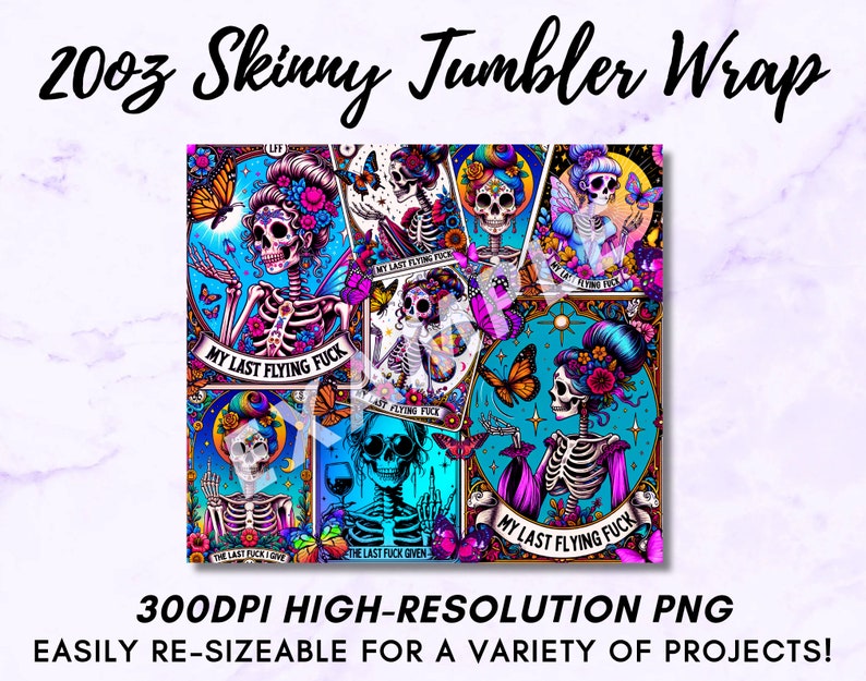 Sarcastic Tarot Cards Tumbler Wrap, Sweary Witchy Skeleton 20oz Skinny Straight Tumbler Wrap Sublimation Design, Funny Tumbler PNG Download image 9