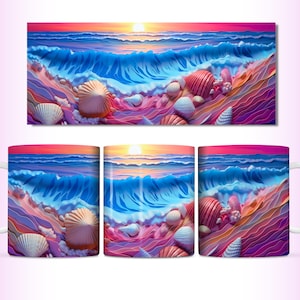 May include: A white ceramic mug with a colorful design of a seashell-covered beach with a blue wave crashing on the shore. The background is a sunset with orange, pink, and purple hues.