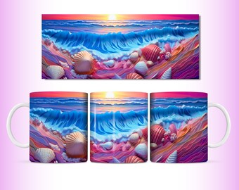 3D Beach Mug Wrap, 11oz and 15oz Mug Sublimation Design, 3D Beach Shells Sunset Wrap PNG, 11oz Mug Design, 15oz Mug Design, Digital Download