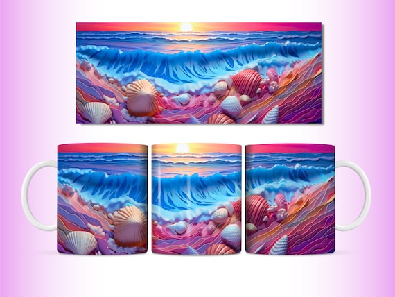 3D Beach Mug Wrap, 11oz and 15oz Mug Sublimation Design, 3D Beach Shells Sunset Wrap PNG, 11oz Mug Design, 15oz Mug Design, Digital Download