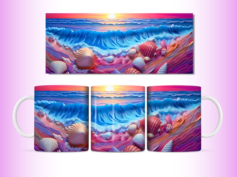 May include: A white ceramic mug with a colorful design of a seashell-covered beach with a blue wave crashing on the shore. The background is a sunset with orange, pink, and purple hues.
