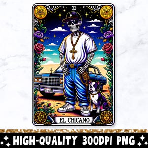 El Chicano Tarot Karte PNG, lustiges mexikanisches Chingón Sublimationsdesign, spanisches Skelett Trendy Schädel Latein T-Shirt Becher Loteria PNG, Download