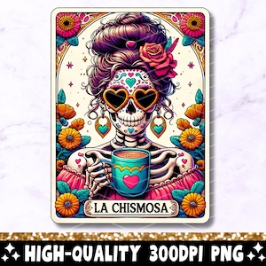 La Chismosa Tarot Karte PNG, lustiges mexikanisches Chisme Sublimationsdesign, spanisches Latein Skelett Chola Catrina Schädel T-Shirt Becher PNG, Download