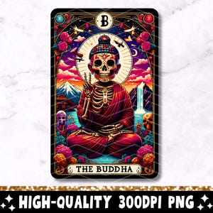 Carta de Tarô de Buda PNG, Design de Sublimação de Esqueleto, Camiseta de Tarô Budista de Caveira de Meditação Siddhartha Caneca Arquivo PNG, Download Digital
