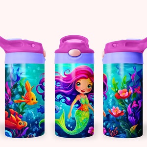 Mermaid 12oz Kids Flip Top Sippy Cup Tumbler Wrap, 12oz Straight Tumbler Sublimation PNG, Childrens Cute Mermaid Tumbler Wrap For Girls