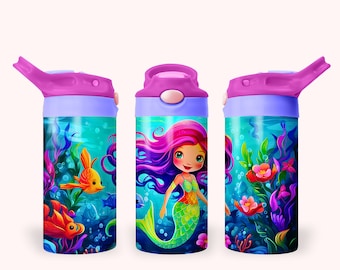 Sirena 12oz niños Flip Top Sippy Cup Tumbler Wrap, 12oz vaso recto sublimación PNG, niños lindo sirena vaso envoltura para niñas