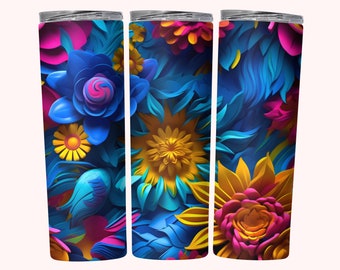 Puede incluir: Tres vasos de acero inoxidable con un diseño floral colorido. Las flores son azules, amarillas, rosas y naranjas. El diseño es abstracto y parece recortes de papel.