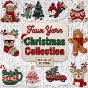 May include: A collection of Christmas-themed faux yarn designs. Includes a highland cow, dinosaur, penguin, polar bear, gingerbread man, stocking, mug, Christmas tree, red truck, and reindeer. The text reads "Faux Yarn Christmas Collection".