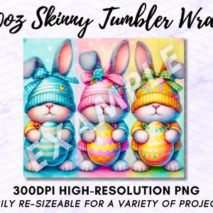 May include: Three cartoon bunnies wearing colorful hats and holding Easter eggs. The bunnies are against a pastel background with white polka dots. 300DPI HIGH-RESOLUTION PNG EASILY RE-SIZEABLE FOR A VARIETY OF PROJECTS!
