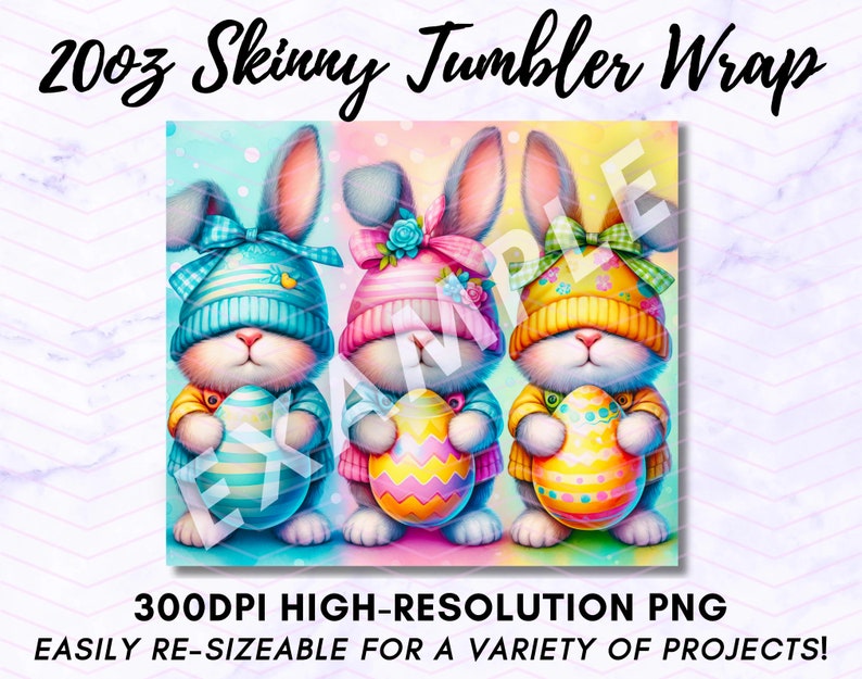 May include: Three cartoon bunnies wearing colorful hats and holding Easter eggs. The bunnies are against a pastel background with white polka dots. 300DPI HIGH-RESOLUTION PNG EASILY RE-SIZEABLE FOR A VARIETY OF PROJECTS!