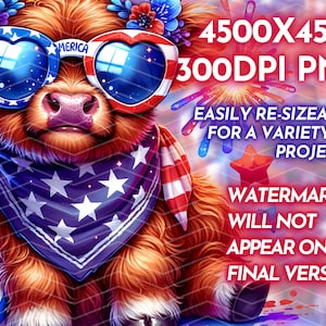 May include: A cartoon Highland cow wearing red, white, and blue heart-shaped sunglasses, a bandana with stars and stripes, and a flower crown. The cow is holding a red, white, and blue firework. The background is a red, white, and blue fireworks display.