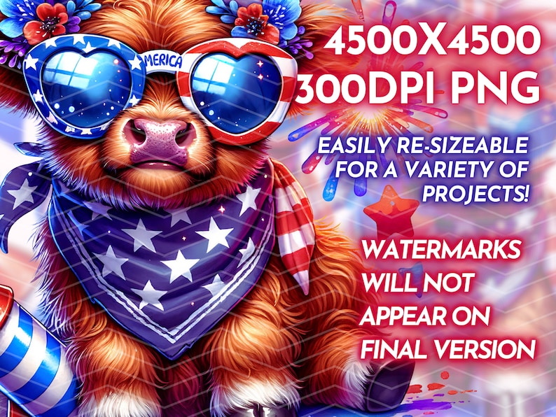 May include: A cartoon Highland cow wearing red, white, and blue heart-shaped sunglasses, a bandana with stars and stripes, and a flower crown. The cow is holding a red, white, and blue firework. The background is a red, white, and blue fireworks display.
