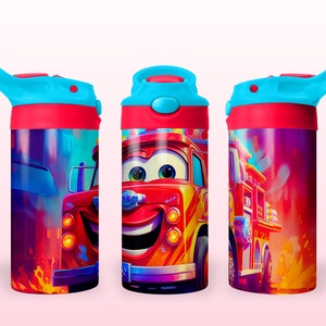 Feuerwehrauto 12 Unzen Kinder Flip Top Schnabeltasse Tumbler Wrap, 12 Unze gerade Kinder Kleinkind Becher Sublimationsdesign PNG für Jungen, Download