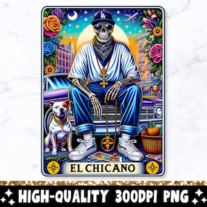 El Chicano Tarot Karte PNG, lustiges mexikanisches Chingón Sublimationsdesign, spanisches Skelett Trendy Schädel Latein T-Shirt Becher Loteria PNG, Download