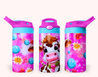 Baby Girl Cow 12oz Kids Flip Top Sippy Cup Tumbler Wrap, 12oz Straight Tumbler Sublimation PNG, Childrens Cute Cow Tumbler Wrap Design PNG