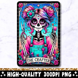 Die Crafter Tarot-Karte PNG, Crafting Girl Skelett Sublimationsdesign, trendiger Schädel Crafty lustiger Tarot T-Shirt Becher PNG, digitaler Download