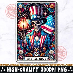 Carta del Tarot Patriota, diseño de sublimación de esqueleto americano, archivo PNG de calavera americana de moda del 4 de julio, descarga digital