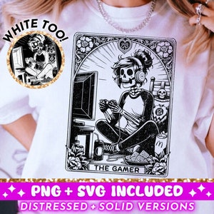 The Gamer Tarot Card SVG PNG, Diseño de sublimación de esqueleto, Diseño de camiseta de Witchy Gaming Girl, Videojuego png SVG Cut File Descarga digital