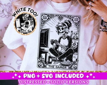 Die Gamer Tarot Karte SVG PNG, Skelett Sublimationsdesign, Witchy Gaming Girl T-Shirt Design, Videospiel PNG SVG Schnitt Datei digitaler Download